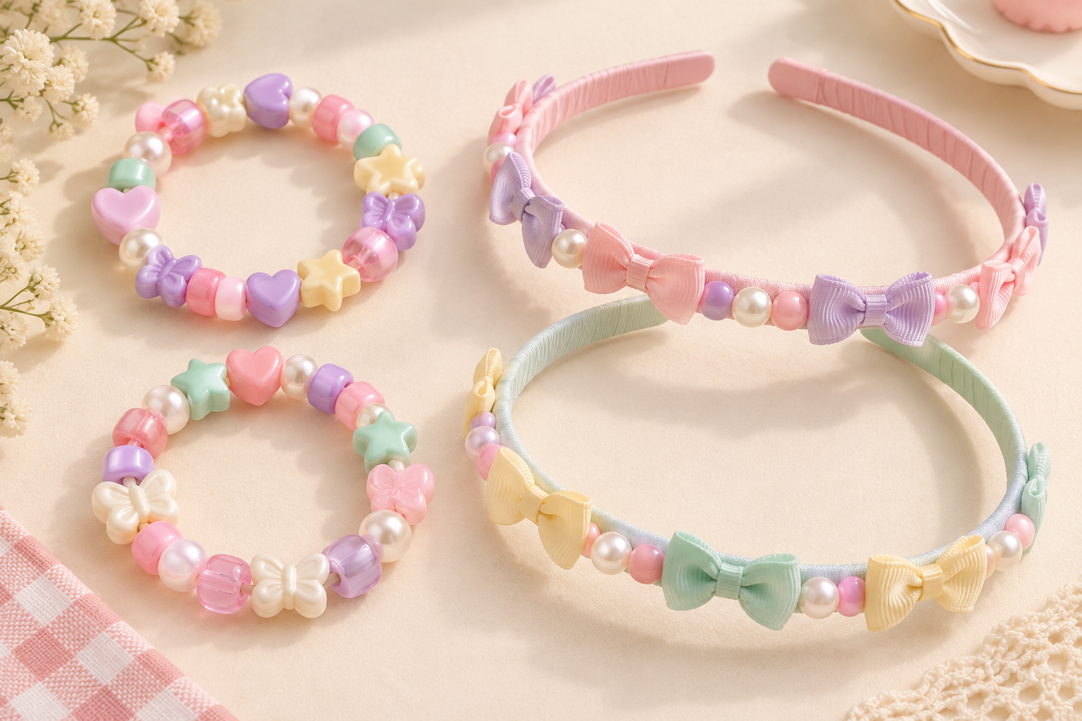 Propuestas de dos pulseras pastel y dos cintillos con lazos y perlas